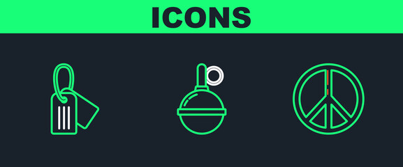 Set line Peace, Military dog tag and Hand grenade icon. Vector