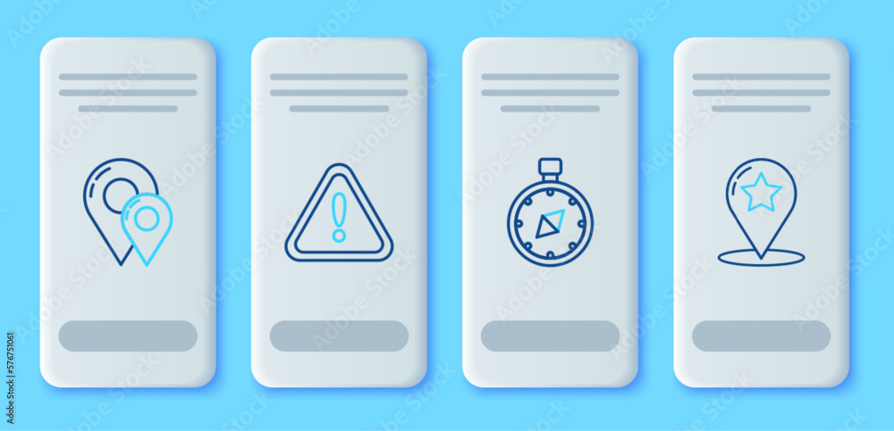 Poster set line exclamation mark in triangle, compass, map pin and pointer with star icon. vector