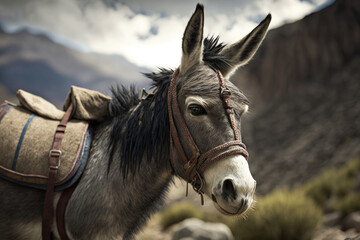 A pack donkey in a harness in the mountains of Peru. Close-up of an animal. Photorealistic drawing generated by AI.