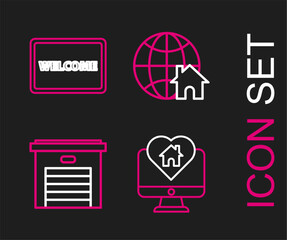 Set line Monitor with house in heart shape, Garage, Globe symbol and Doormat the text Welcome icon. Vector