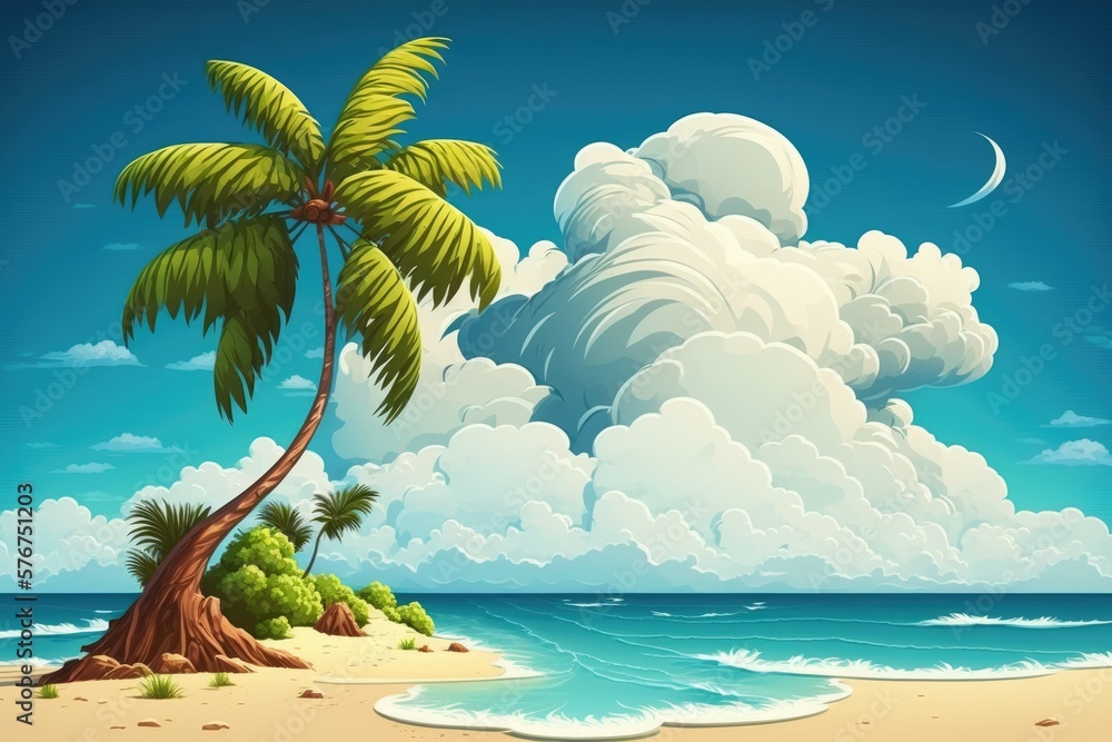 Poster stunning tropical beach scenery. blue sky with a coconut palm tree and a cloud in it. conceptualizat
