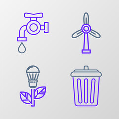 Set line Trash can, Light bulb with leaf, Wind turbine and Water tap icon. Vector