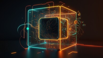 technology virtual reality blockchain neon cube data stream background created with generative ai technology
