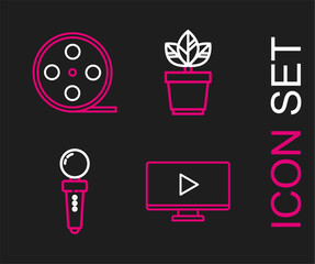 Set line Online play video, Joystick for arcade machine, Flowers pot and Film reel icon. Vector