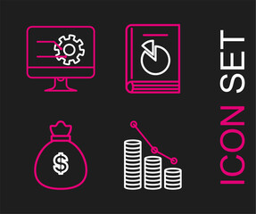 Set line Pie chart infographic and coin, Money bag, User manual and Computer monitor with icon. Vector