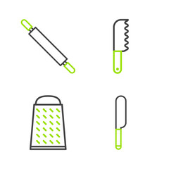 Set line Knife, Grater, Bread knife and Rolling pin icon. Vector