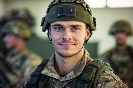 young adult man is soldier in soldier uniform and helmet, fictional army and person and location. Generative AI