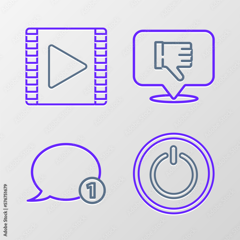 Poster set line power button, speech bubble chat, dislike in speech and play video icon. vector