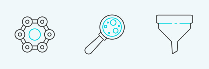 Set line Funnel or filter, Chemical formula and Microorganisms under magnifier icon. Vector