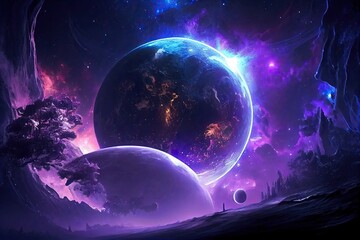 Futuristic Fantasy: A Purple and Blue Planet in an Intergalactic Space: Generative AI