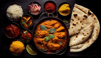 Tantalizing Traditional Indian Curry Dishes: Perfectly Plated on a Black Plate. Generative AI