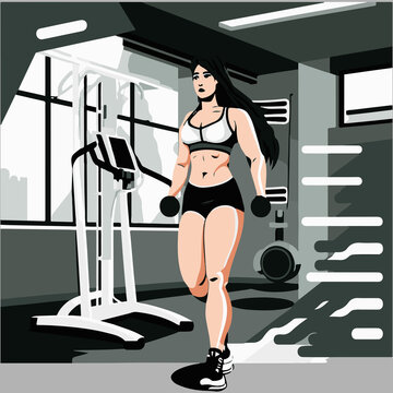 Art & Illustrat Vector illustration of a couple in the gym. A man and a woman are engaged in fitness.ion