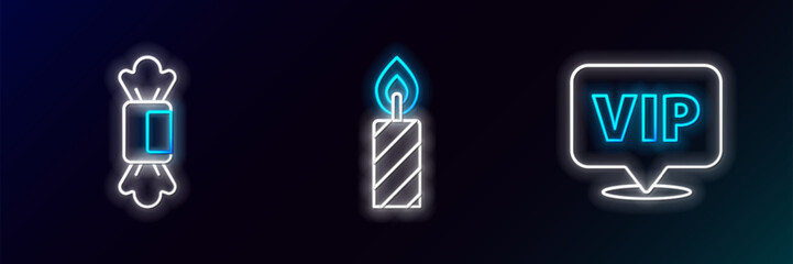 Set line Location Vip, Candy and Birthday cake candles icon. Glowing neon. Vector