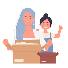 Happy girls opening parcels. Shopping online, order delivery service vector illustration
