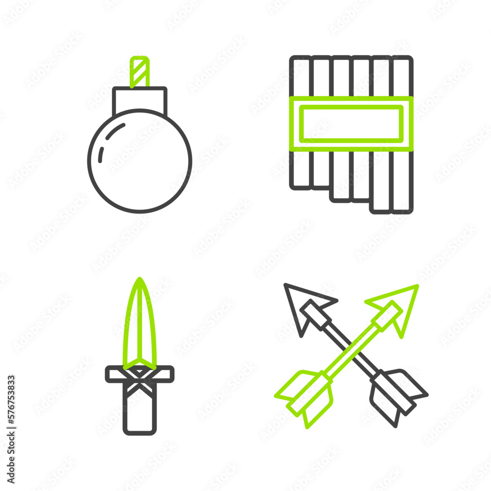 Poster set line crossed arrows, dagger, pan flute and bomb ready to explode icon. vector