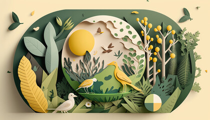 Eco Friendly Earth Day Illustration for Sustainable in Papercut Style. Generative AI