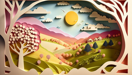 Fresh Air and Sunshine Spring Landscape Illustration Background in Papercut Style. Generative AI