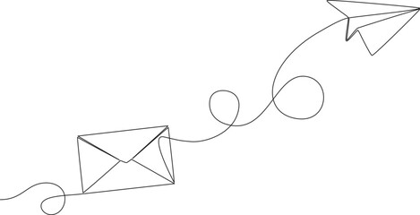 continuous single line drawing of envelope and paper plane, line art vector illustration