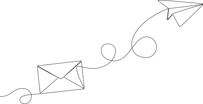recommend clip art: continuous single line drawing of envelope and paper plane, line art vector illustration