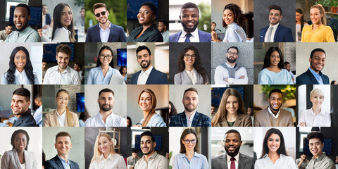 Cheerful business people posing on diverse backgrounds, collage