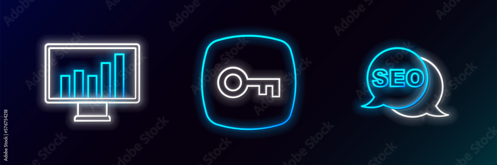 Poster set line seo optimization, monitor with graph chart and key icon. glowing neon. vector