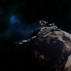 Space Ship Refueling Stop Above a Blue-Green Planet, 3d digitally rendered science fiction illustration © Algol