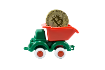 green paint plastic toy mining truck carrying bitcoin gold coins isolated on transparent background.