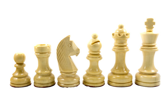 White chess pieces made of wood in descending order  isolated on transparent background.