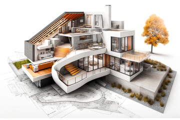Hausbau und Architektenmodell, ki generated - obrazy, fototapety, plakaty