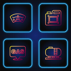 Set line Oil tank storage, Location and gas station, Motor gauge and Canister for motor oil. Gradient color icons. Vector