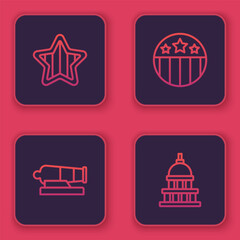 Set line USA Independence day, Cannon, Medal with star and White House. Blue square button. Vector