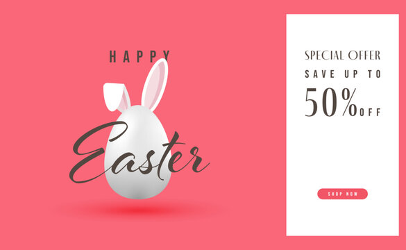 Sale banner, happy easter poster with cute egg bunny design, 3d vector illustration