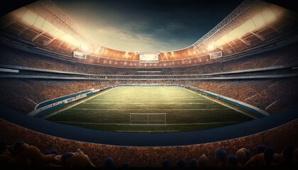 Fototapeta na wymiar The American Football Stadium Field is Illuminated for an Epic Game, Generative AI.