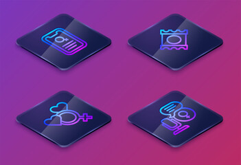 Set Isometric line Dating app, Female gender, Condom package and Microphone. Blue square button. Vector