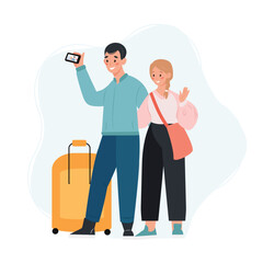 Young couple travels with luggage and making selfie on smartphone. Vector flat illustration.