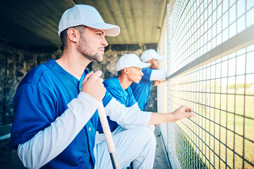 Sports, fitness and baseball with man in dugout for thinking, training and planning strategy. Relax, teamwork and workout with group of people in park stadium for focus, competition match or coaching