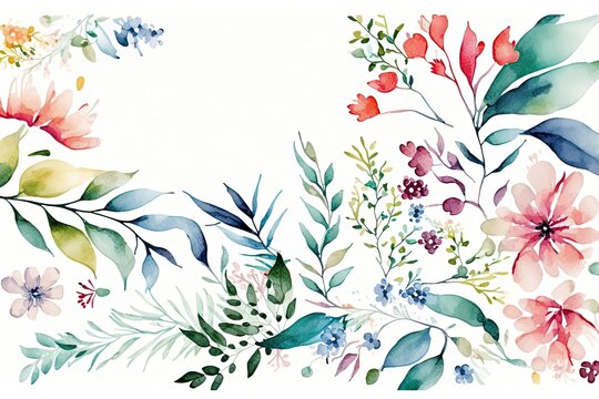 Watercolor floral pattern that repeats endlessly in a soft romantic palette, all on a white background. It's a file. Blank, white wall. Generative AI