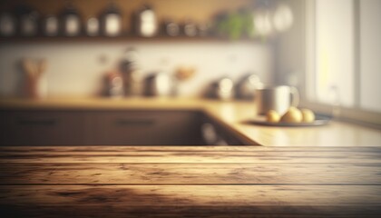Empty wooden top table blurry minimalist kitchen background Made with Generative AI
