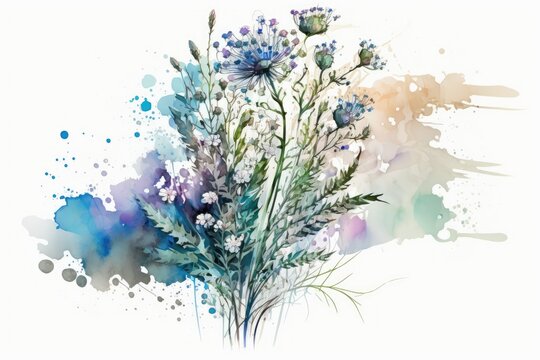 Watercolor bouquet of wildflowers with abstract blue and purple branches and a single white bloom. Generative AI