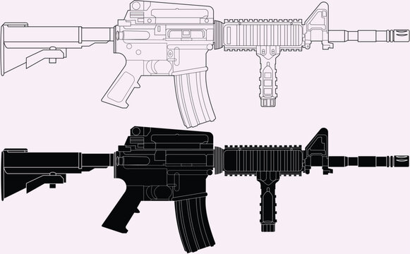 Colt M4 vector illustration with outline and silhouette.
