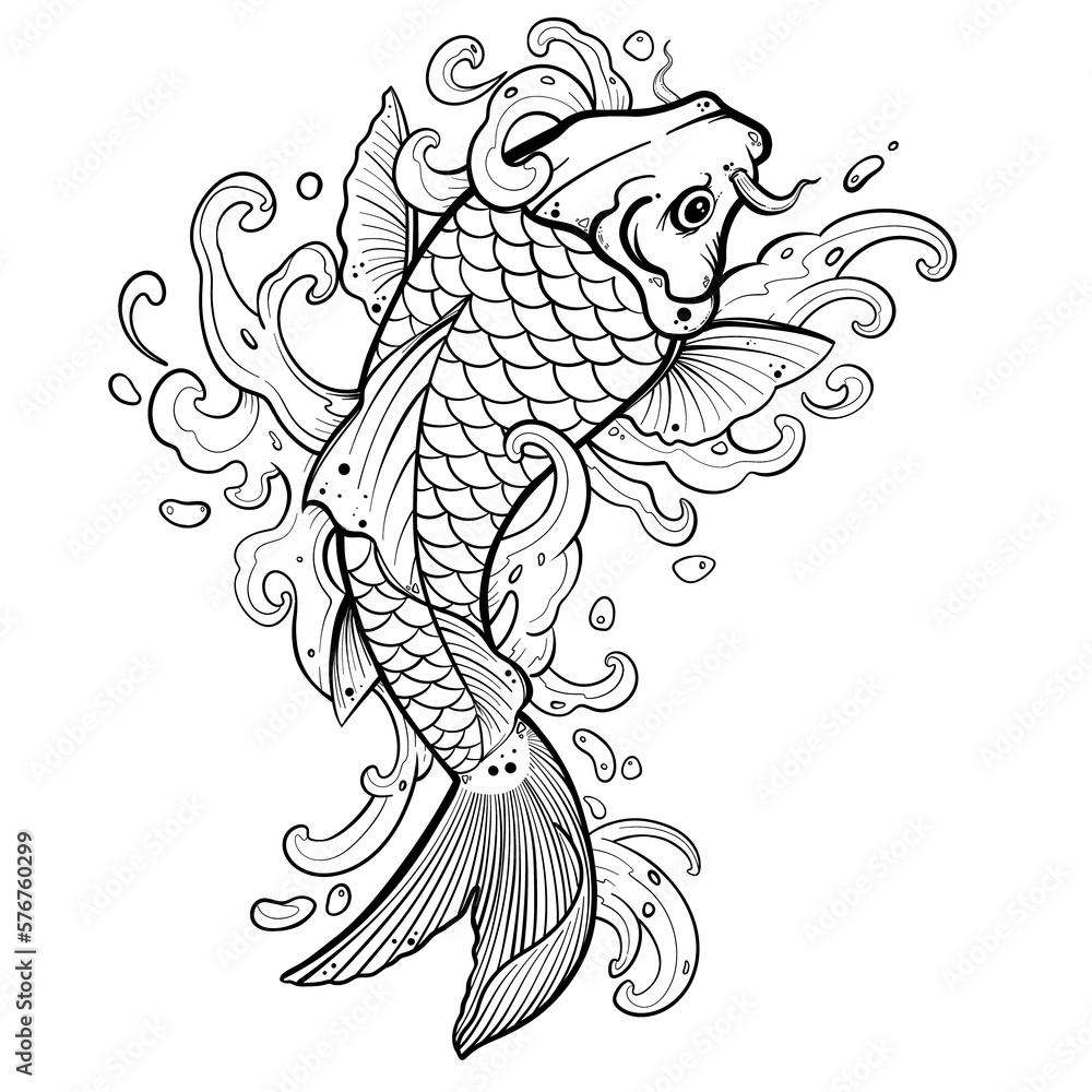 Wall mural koi fish tattoo with water splash asian or japanese style. illustration with white background.