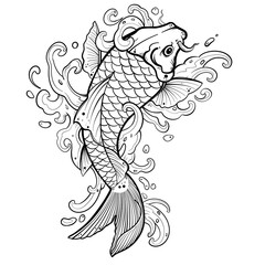 Koi fish tattoo with water splash Asian or Japanese style. Illustration with white background.