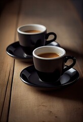 Cafe-Style Morning Boost | Two Espresso Mugs on a Wood Table: Generative AI