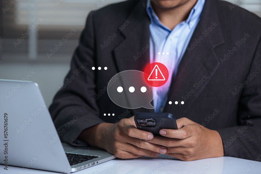 Poster Businessman using smartphone with new message electronic email hacking and spam warning symbol. cyber attack network, virus, spyware, Cyber security and cybercrime.