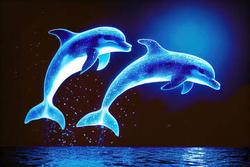 Glowing dolphin jumping out of water, Generative AI