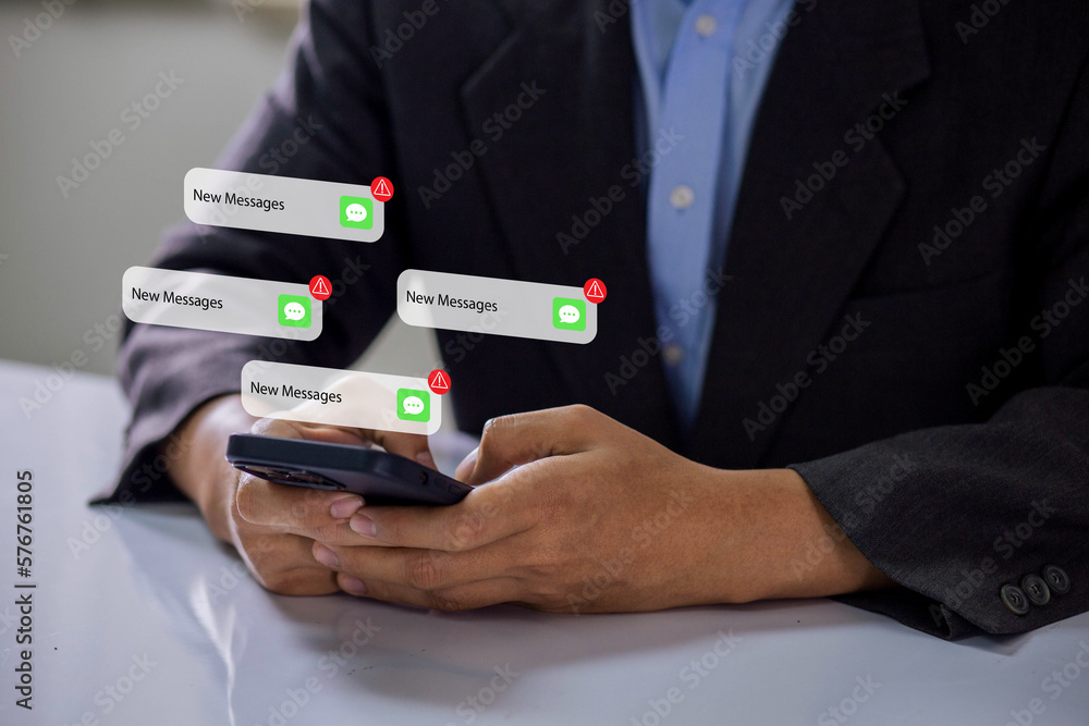 Leinwandbilder businessman using smartphone with new message electronic email hacking and spam warning symbol. cybe