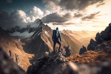 Zelfklevend Fotobehang Hiker standing at mountain summit appreciating the amazing view of landscape. Generative AI © Pajaros Volando