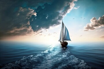 Boat sailing among new horizon at sunrise. Life is a journey conceptual illustration. Generative AI - obrazy, fototapety, plakaty