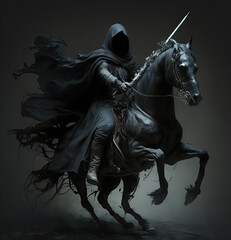 The dark knight in a cape on a horseback rearing, the ange of death, apocalypse dark fantasy concept. Generative AI
