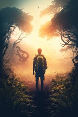 Back view of man with backpack exploring the wild jungle. Vertical Generative AI illustration